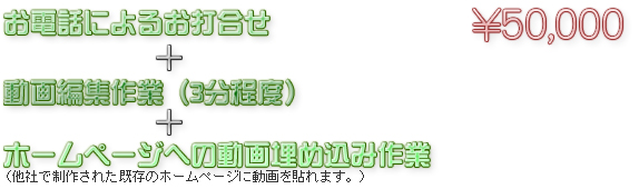 お電話によるお打合せ＋動画編集作業（３分程度）　ホームページへの動画埋め込み作業　50,000円
