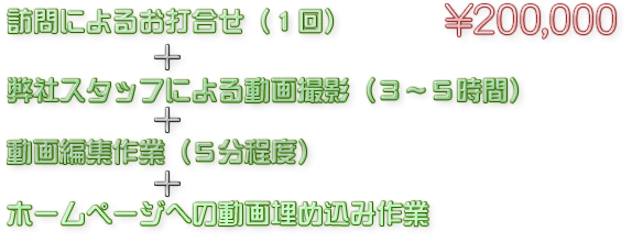 訪問によるお打合せ(1回)+弊社スタッフによる動画撮影(3~5時間)+動画編集作業(5分程度)+ホームページへの動画埋め込み作業 200,000円