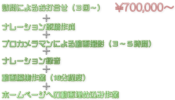 訪問によるお打合せ(3回~)+ナレーション原稿作成+プロカメラマンによる動画撮影(3~5時間)+ナレーション録音+動画編集作業(10分程度)+ホームページへの動画埋め込み作業 700,000円~